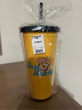 Peanuts Yellow 'Just Beachy' Travel Tumbler with Black Lid nwt 12iz